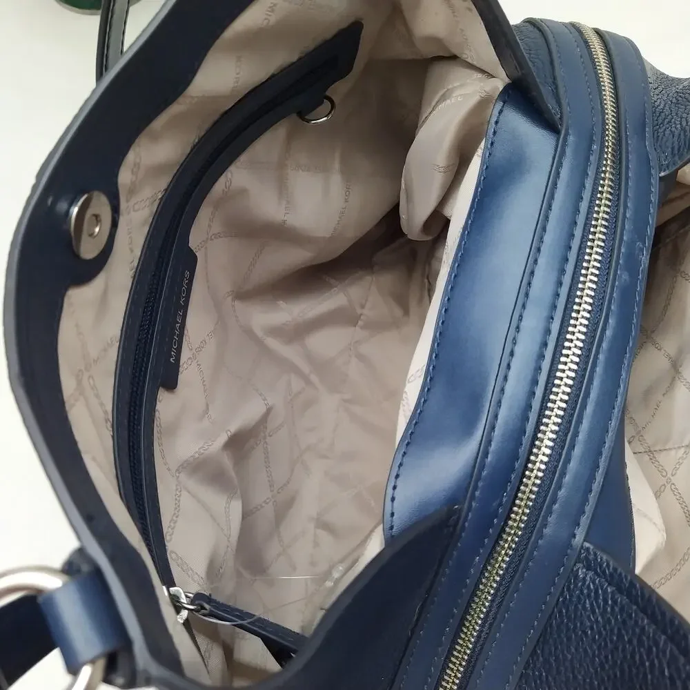 Michael Kors Molly Blue Pebbled Leather 3 Compartments Shoulder Bag